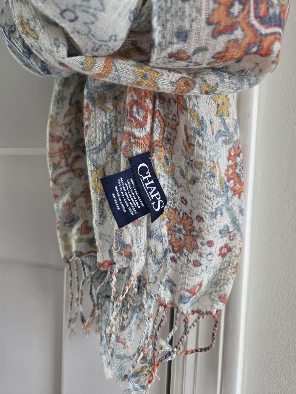 Chaps Woven Fringe Scarf - Cream with Blue & Orange Boho Vibe - Picture 5 of 10